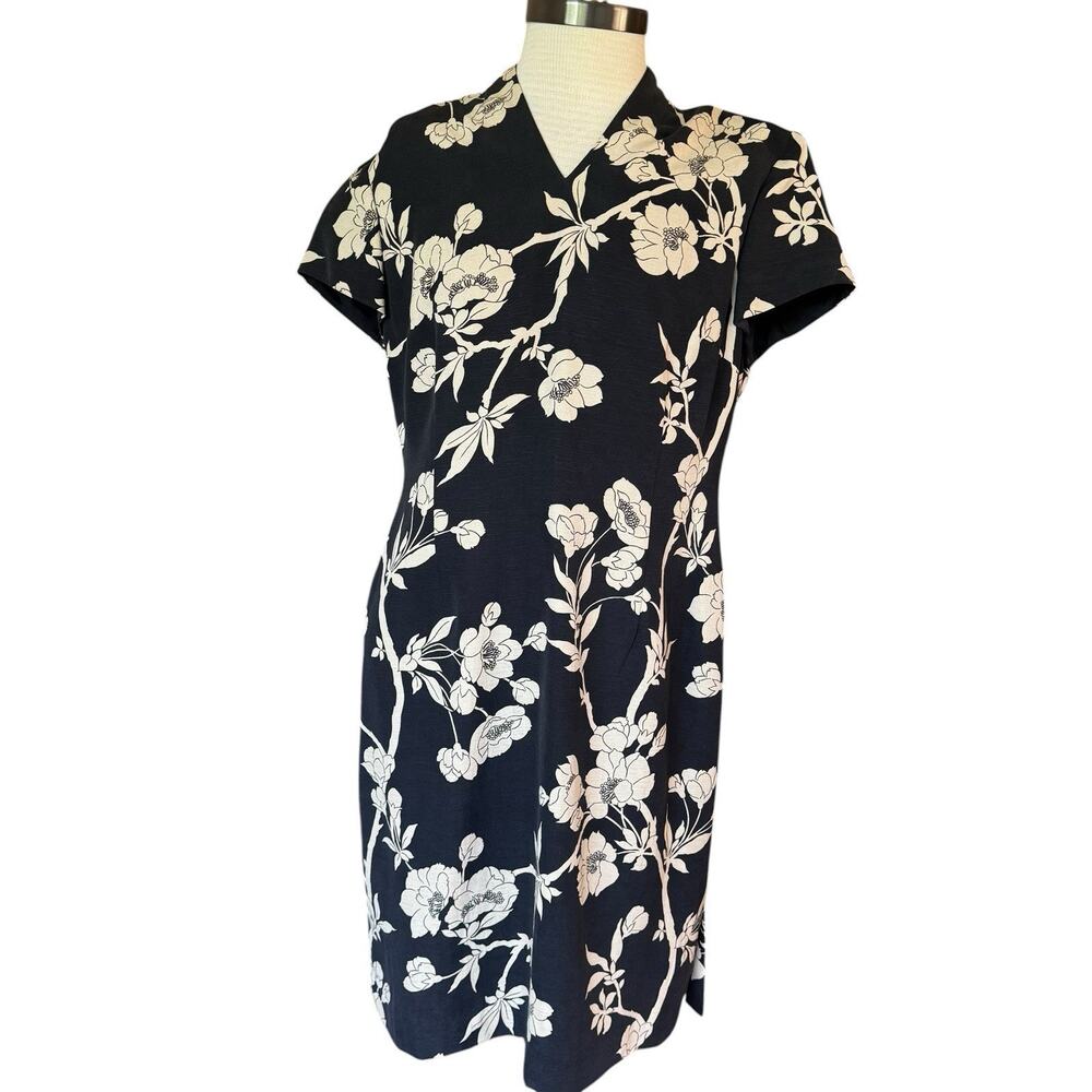 Talbots 100% Silk Floral Sheath Dress Black Dark Romantic Garden 12 Petite Event